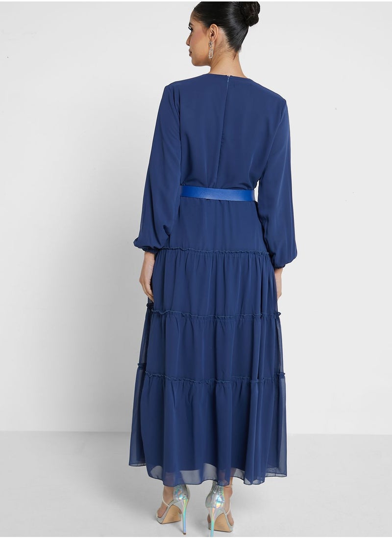 Chiffon Tiered Dress With Belt