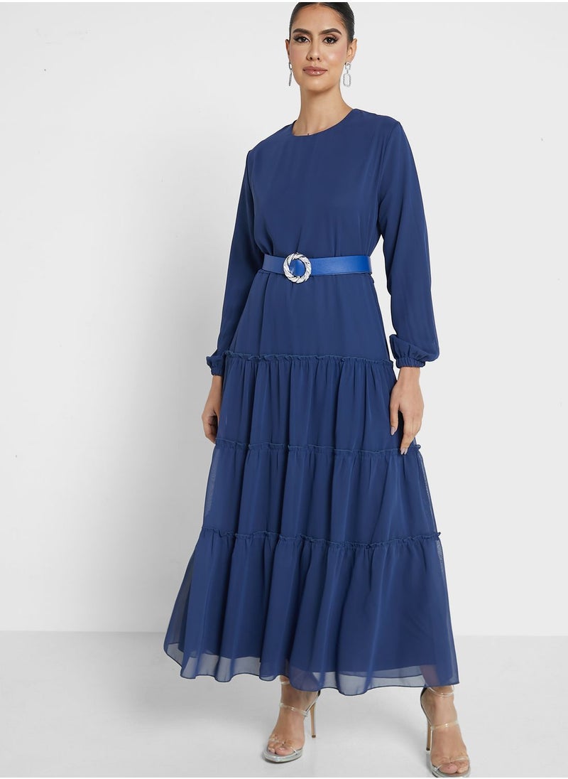 Chiffon Tiered Dress With Belt