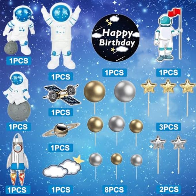 CANIPHA 22Pcs Space Cake Topper,Space Cupcake Toppers Astronaut Figurine Birthday Outer Space Themed Party Decorations Supplies Planet Rocket Pearl Balls and Star DIY Cake Toppers - Image 3