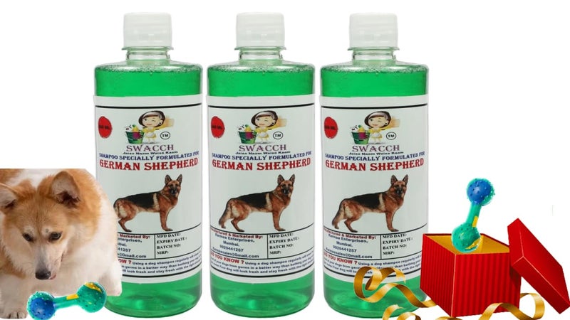 swacch German Shepherd Dog Shampoo + Dumbbell Toy I Durable Rubber Dog Toy for Chewing I Playing,Teeth Cleaning & Training Toy I Combo Pack I 500ml Pack of 3 Neem Alovera - Image 1