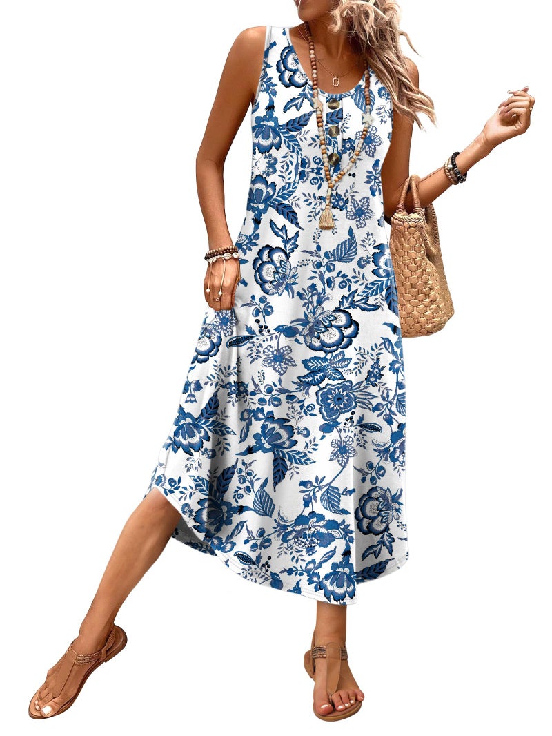 WIHOLL Plus Size Summer Dresses for Women 2026 Flowy Boho Hawaiian Beach Vacation Casual Dresses for Curvy Women Spring Dress Sun Midi Dress Maxi Dress Sundresses Blue Floral 3XL - Image 1