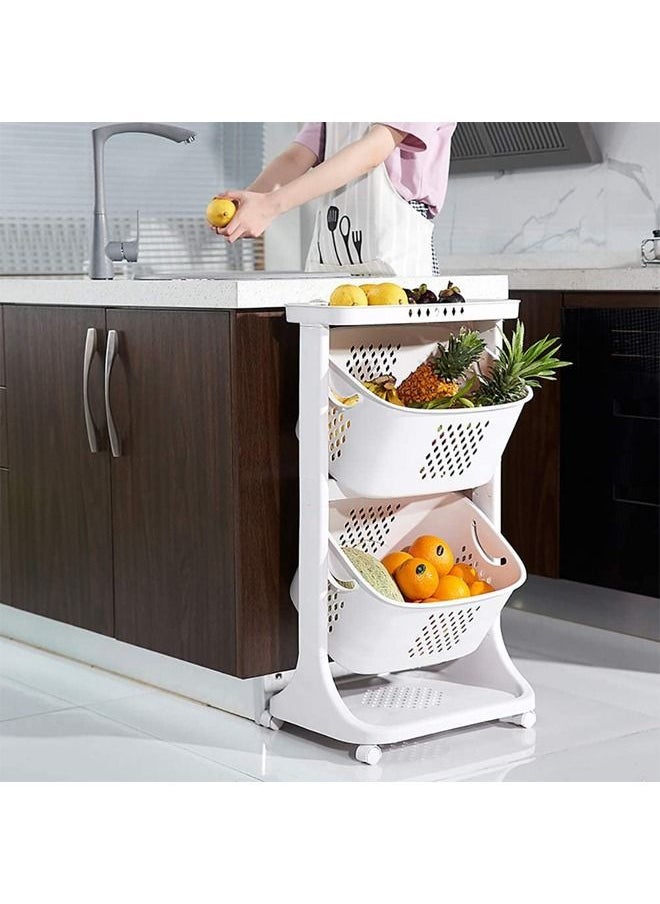 Cady One - 2-Tier Plastic Storage And Organization Basket And Stand With Wheels White - Image 1