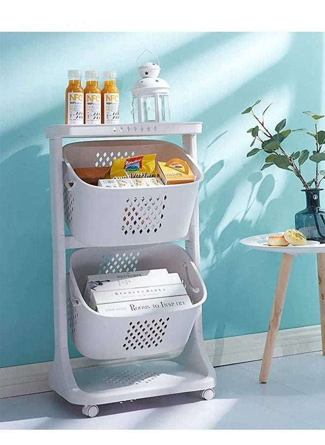 Cady One - 2-Tier Plastic Storage And Organization Basket And Stand With Wheels White - Image 1