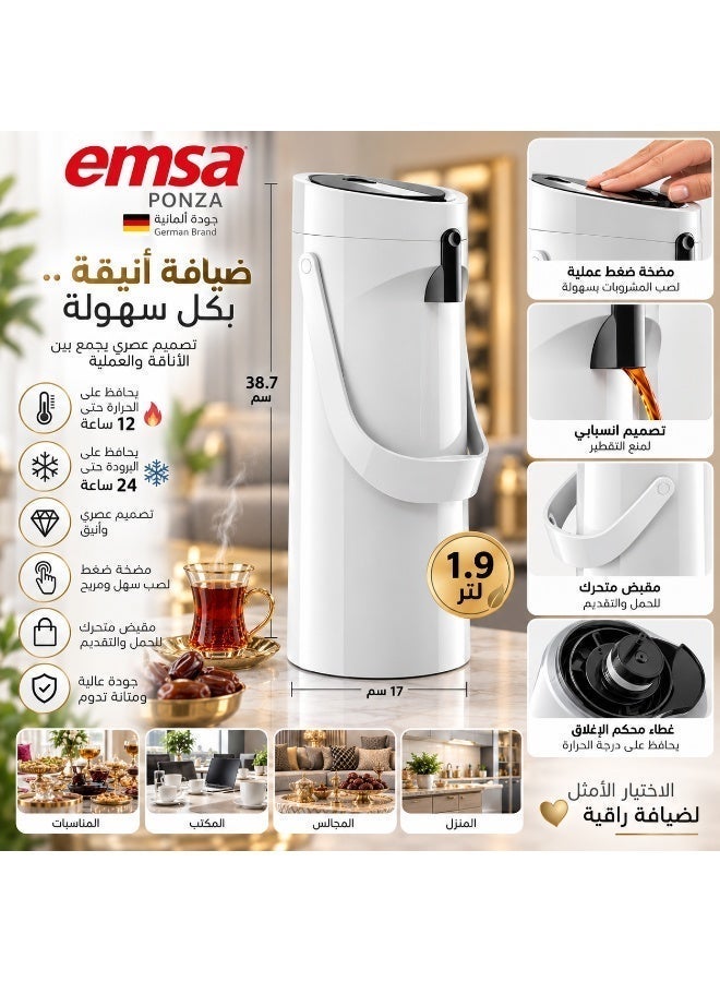 إمزا 🤍 ترمس EMSA PONZA الفاخر بمضخة ضغط 1.9 لتر ☕ حافظ للحرارة والبرودة – تصميم أنيق للضيافة والقهوة والشاي – أبيض ✨ - Image 4