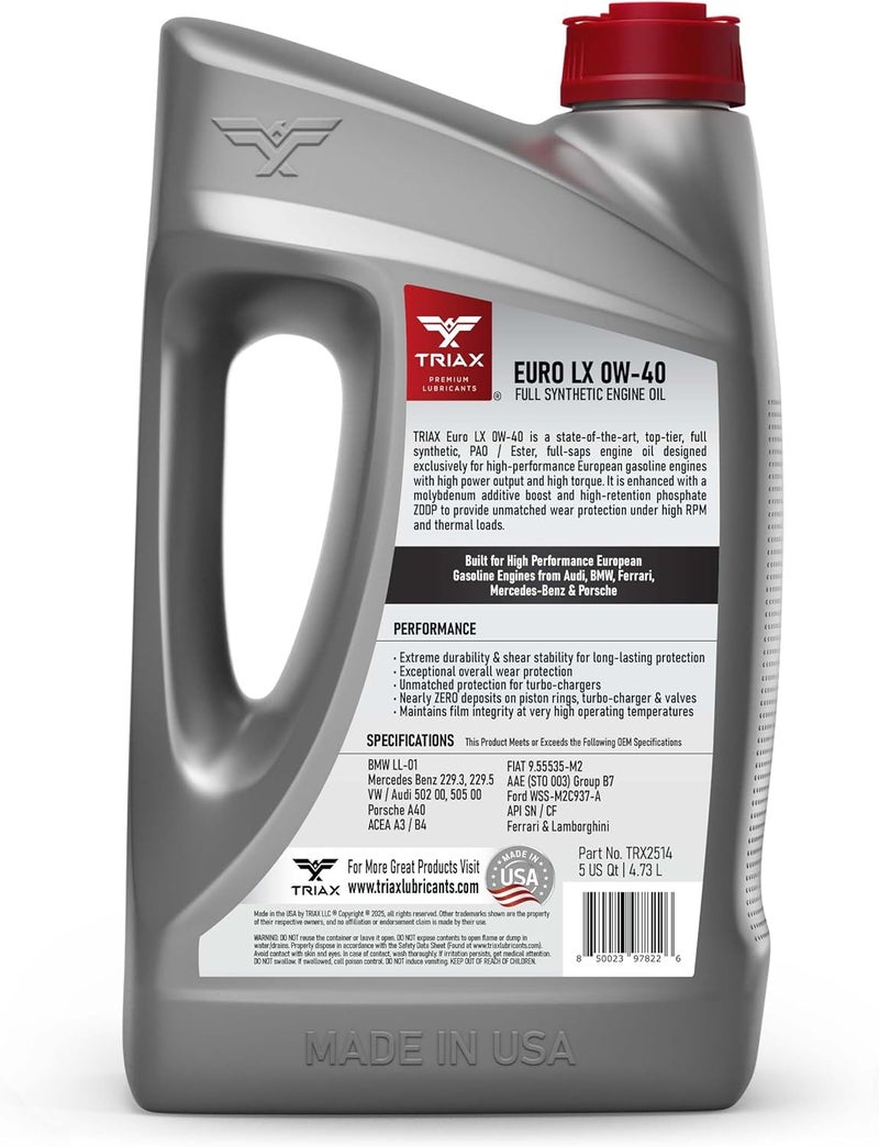 Triax Euro LX 0W-40 Full Synthetic Engine Oil - 5 Quart - Image 2