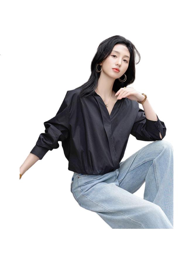Dme "Effortless Layering" Spring Cloud Cotton Shirt With Flipped Collar And Elastic Hem To Cover Flesh Women'S Top - Image 1