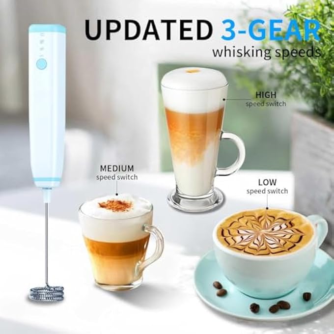 Azonee Electric Milk Frother Handheld Rechargeable TypeC Foam Maker With 2 Stainless Steel Whisks 3Speed Drink Mixer For Latte Cappuccino Coffee Eggs Waterproof  Easy Clean Design - Image 3