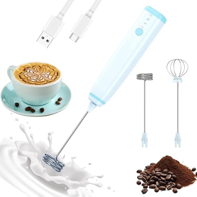 Azonee Electric Milk Frother Handheld Rechargeable TypeC Foam Maker With 2 Stainless Steel Whisks 3Speed Drink Mixer For Latte Cappuccino Coffee Eggs Waterproof  Easy Clean Design - Image 1