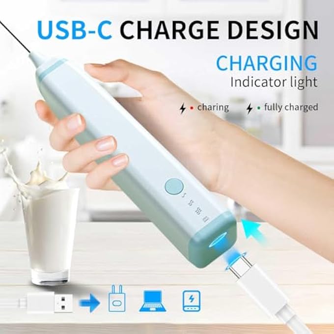 Azonee Electric Milk Frother Handheld Rechargeable TypeC Foam Maker With 2 Stainless Steel Whisks 3Speed Drink Mixer For Latte Cappuccino Coffee Eggs Waterproof  Easy Clean Design - Image 5