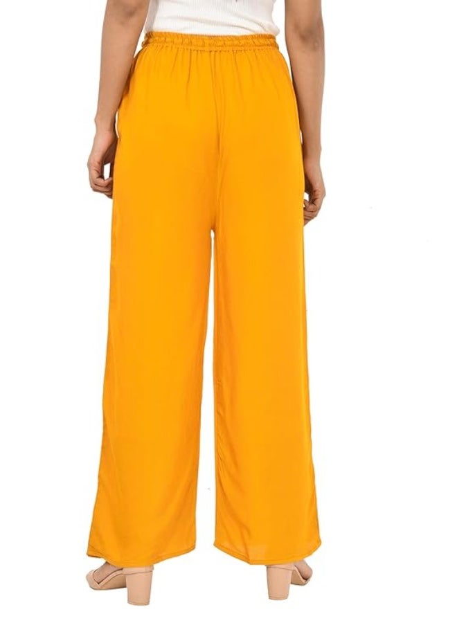 يوث كويك بنطال بالازو نسائي من الرايون السادة بجيـب واحد - أصفر خردلي (YOUTHQUAKE) - Image 3