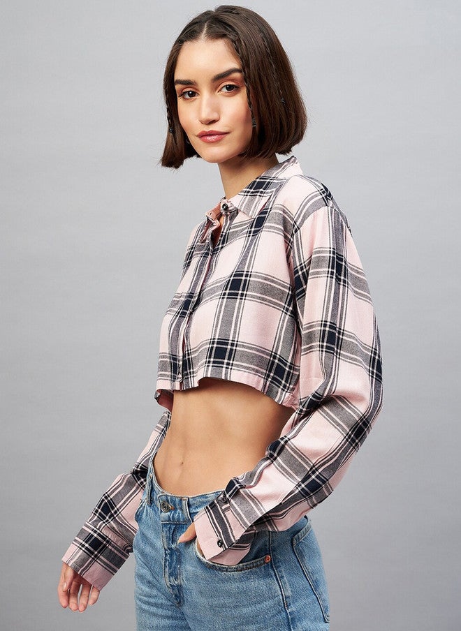CHIMPAAANZEE Tartan Checked Casual Oversized Crop Shirt - Image 4