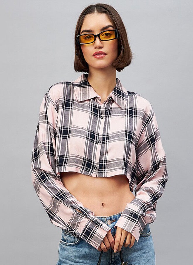 CHIMPAAANZEE Tartan Checked Casual Oversized Crop Shirt - Image 1