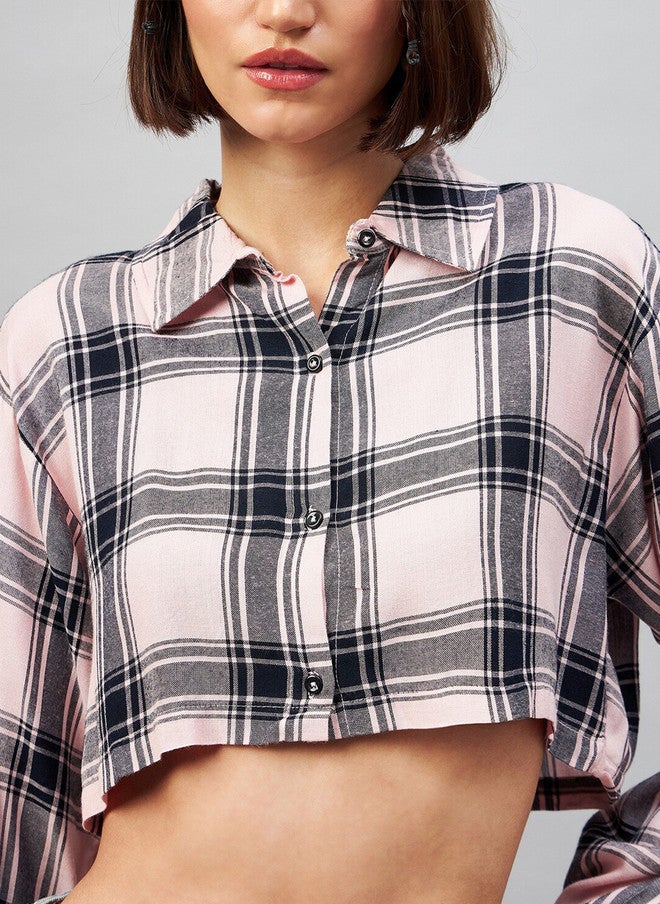CHIMPAAANZEE Tartan Checked Casual Oversized Crop Shirt - Image 2