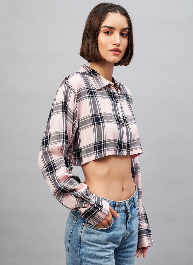 CHIMPAAANZEE Tartan Checked Casual Oversized Crop Shirt - Image 3