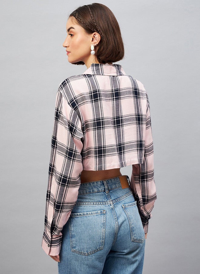 CHIMPAAANZEE Tartan Checked Casual Oversized Crop Shirt - Image 5