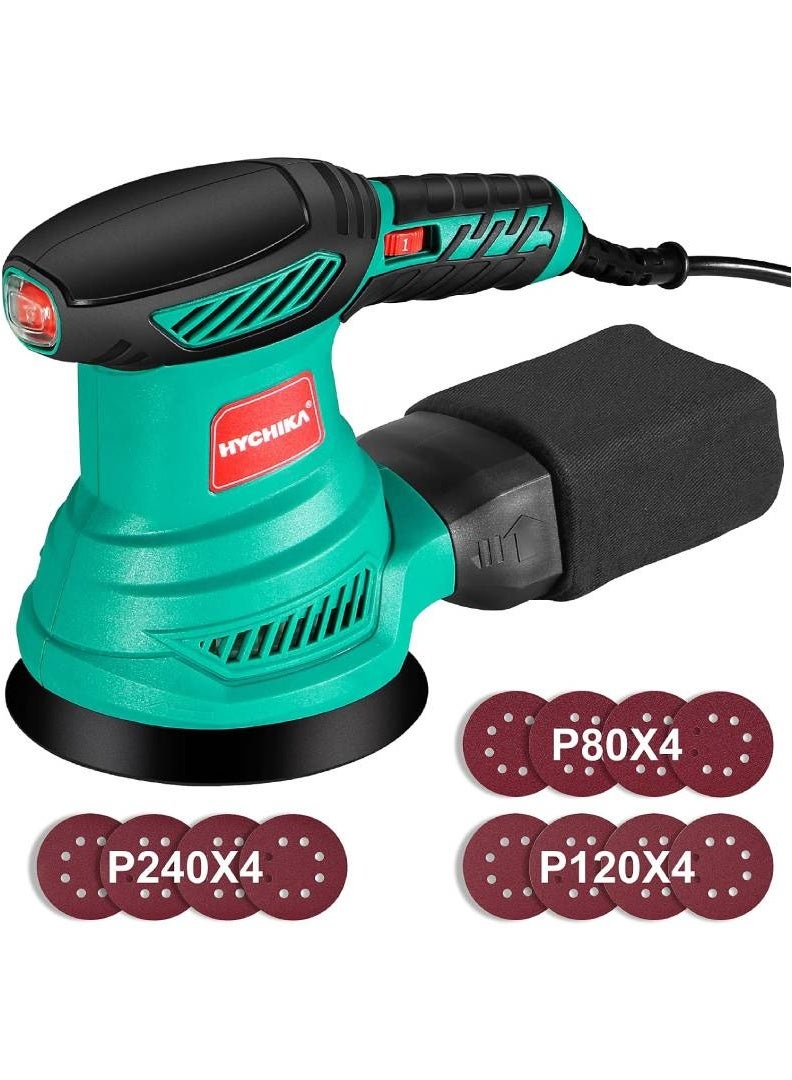 HYCHIKA Orbital Sander, HYCHIKA 300W 13000RPM Random Orbital Sander, 6 Variable Speeds, 125mm 12Pcs Sandpapers, Electric Sander with Dust Collection Ideal for Sanding, Polishing Wood, DIY, Home Improvements - Image 1