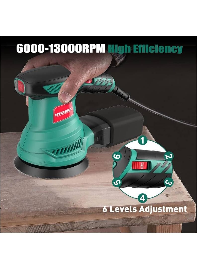 HYCHIKA Orbital Sander, HYCHIKA 300W 13000RPM Random Orbital Sander, 6 Variable Speeds, 125mm 12Pcs Sandpapers, Electric Sander with Dust Collection Ideal for Sanding, Polishing Wood, DIY, Home Improvements - Image 2