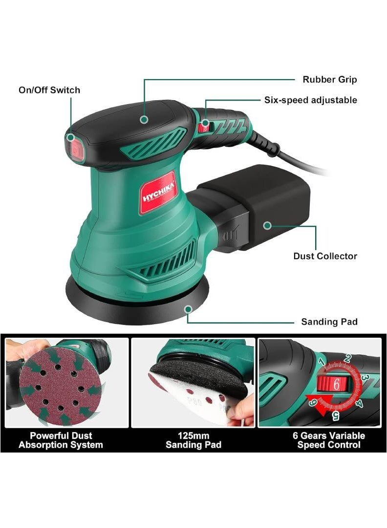 HYCHIKA Orbital Sander, HYCHIKA 300W 13000RPM Random Orbital Sander, 6 Variable Speeds, 125mm 12Pcs Sandpapers, Electric Sander with Dust Collection Ideal for Sanding, Polishing Wood, DIY, Home Improvements - Image 3