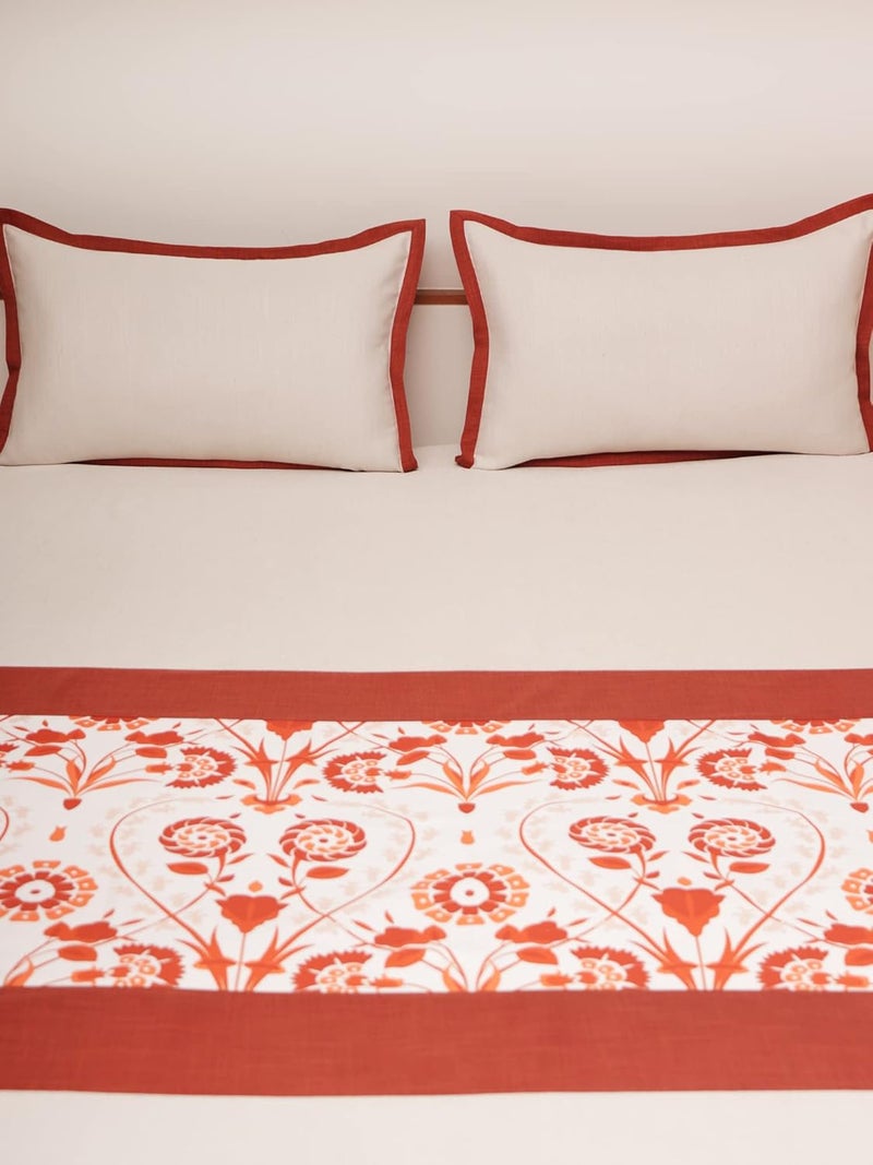 ZEBA World Cotton Blend Bedcover for Double Bed with 2 Pillow Covers Contrast Flange Floral Printed Queen Size Orange Color Bed Cover 90 x 108inches 75x9ft Pillow 17x27in - Image 2