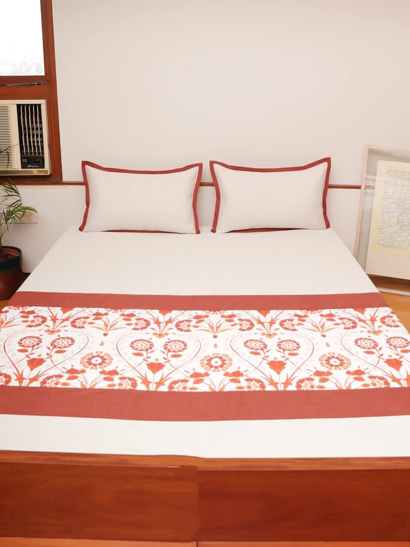ZEBA World Cotton Blend Bedcover for Double Bed with 2 Pillow Covers Contrast Flange Floral Printed Queen Size Orange Color Bed Cover 90 x 108inches 75x9ft Pillow 17x27in - Image 1