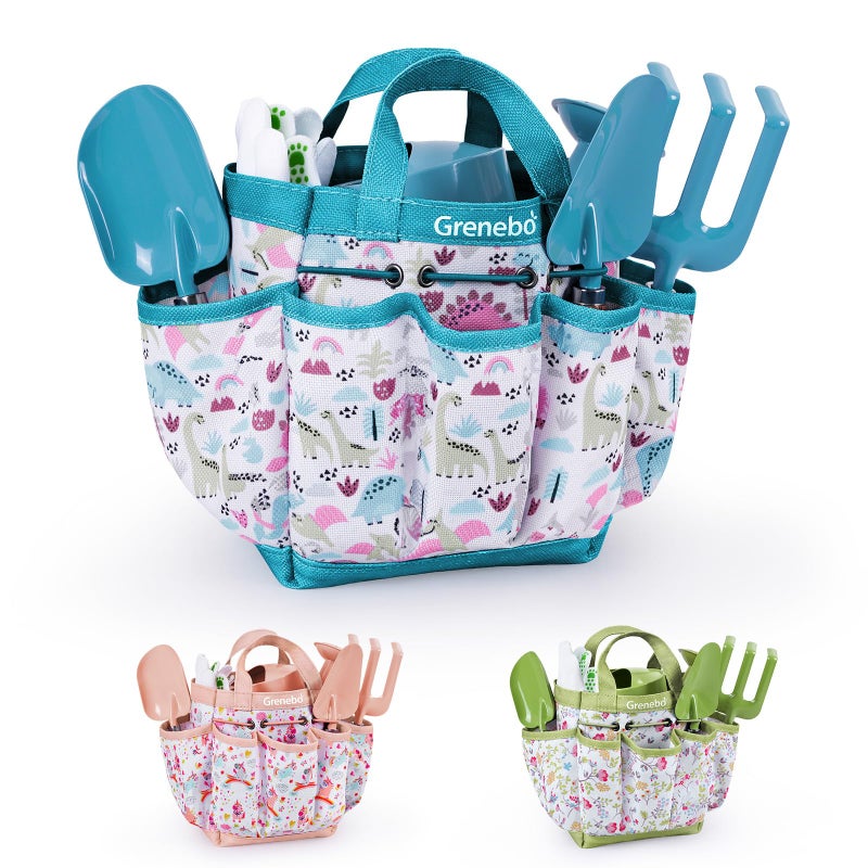 Grenebo Kids Gardening Set Toys  Quality Garden Tool Kit For Kids And Toddlers  Includes Two Shovels  Garden Hat Rake  Apron Gloves  Watering Can  And Tool Bag (Blue) - Image 1