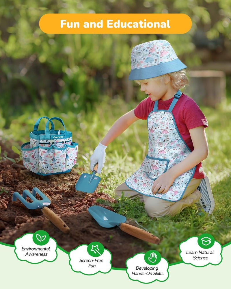 Grenebo Kids Gardening Set Toys  Quality Garden Tool Kit For Kids And Toddlers  Includes Two Shovels  Garden Hat Rake  Apron Gloves  Watering Can  And Tool Bag (Blue) - Image 4