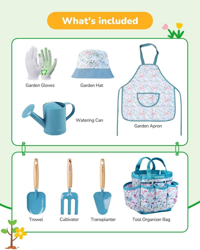 Grenebo Kids Gardening Set Toys  Quality Garden Tool Kit For Kids And Toddlers  Includes Two Shovels  Garden Hat Rake  Apron Gloves  Watering Can  And Tool Bag (Blue) - Image 2