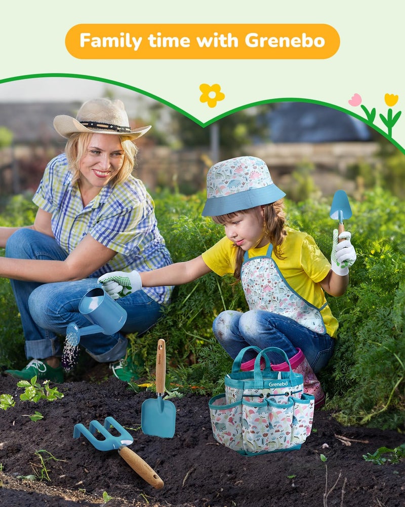 Grenebo Kids Gardening Set Toys  Quality Garden Tool Kit For Kids And Toddlers  Includes Two Shovels  Garden Hat Rake  Apron Gloves  Watering Can  And Tool Bag (Blue) - Image 5