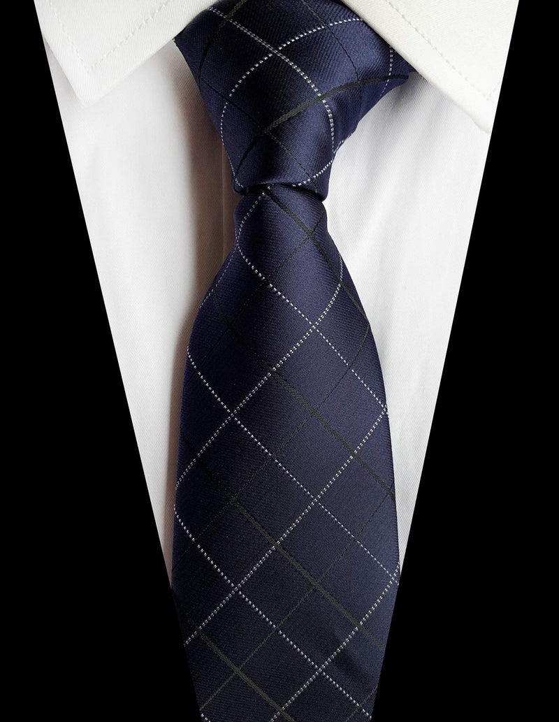 Elfeves Men's Navy Blue Ties Urban Plaid Checks Patterned Spring Summer Wedding Groom Silk Neckties - Image 2
