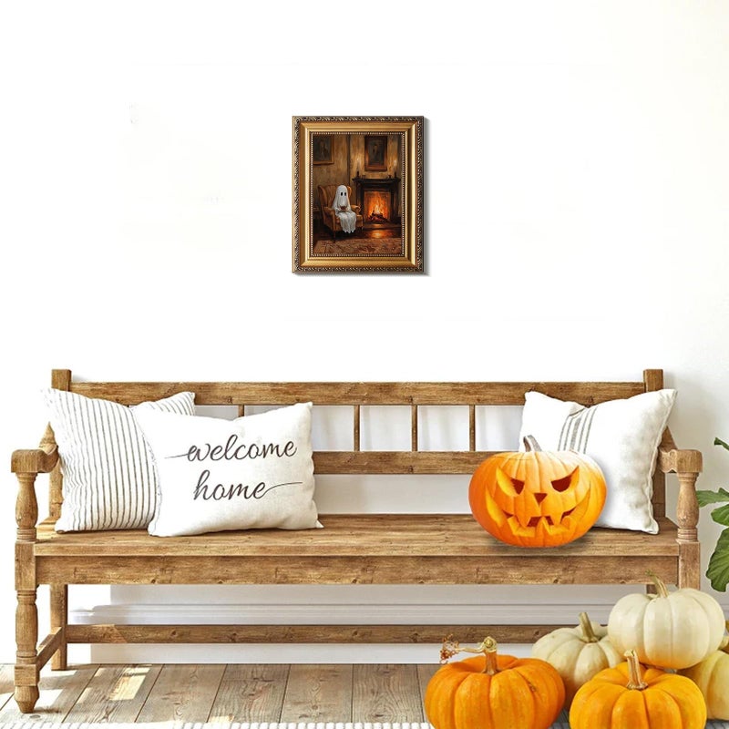 uniro Vintage Gold Framed Wall Art, Vintage Cute Ghosts Decor Halloween Painting, Spooky Ghost Drinking Tea Halloween Wall Art Prints, Victorian Ghost Posters Pictures for Living Room, Bedroom, Bathroom, halloween Room decor- 9x12Inch - Image 3