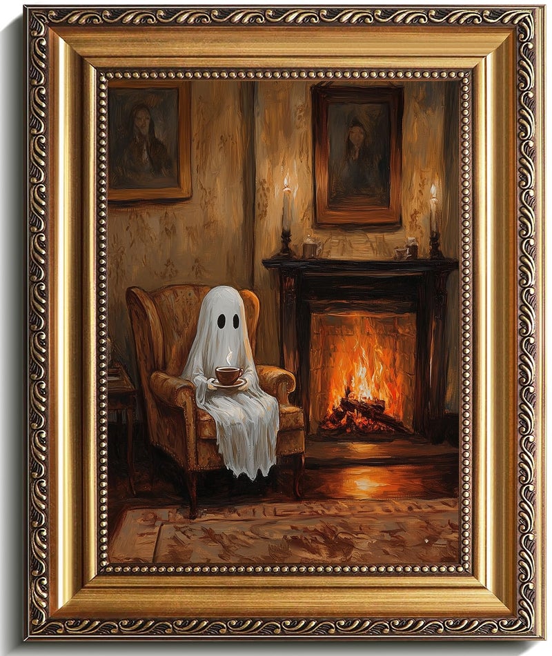 uniro Vintage Gold Framed Wall Art, Vintage Cute Ghosts Decor Halloween Painting, Spooky Ghost Drinking Tea Halloween Wall Art Prints, Victorian Ghost Posters Pictures for Living Room, Bedroom, Bathroom, halloween Room decor- 9x12Inch - Image 1
