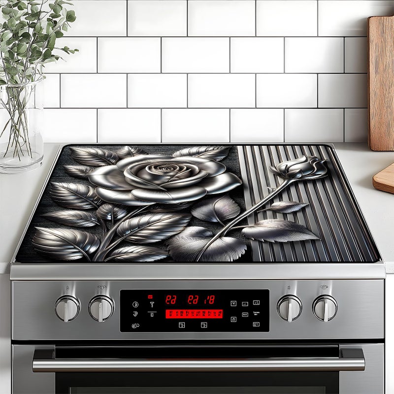 BVBOX Silver Rose Stove Top Cover Retro Flower Gas Stove Top Cover for Home Decoration Kitchen Pad Non-Stick Washable Cooktop Covers Countertop Protector Keep Stove Clean 28"x20" - Image 1