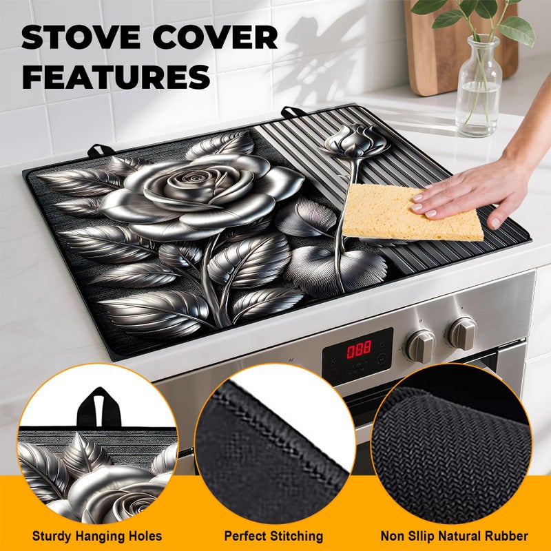 BVBOX Silver Rose Stove Top Cover Retro Flower Gas Stove Top Cover for Home Decoration Kitchen Pad Non-Stick Washable Cooktop Covers Countertop Protector Keep Stove Clean 28"x20" - Image 2