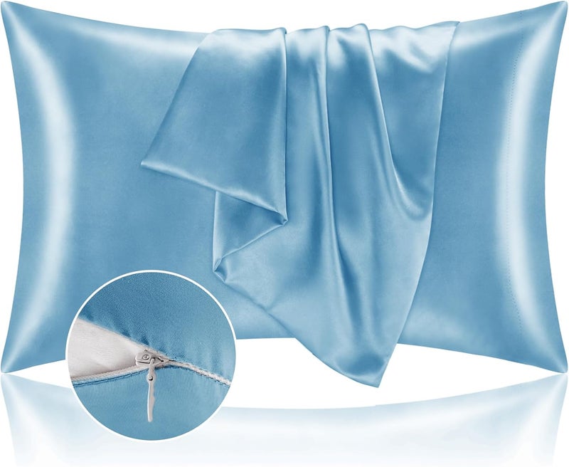 BEDELITE Balanced weight Satin Pillowcase with Zipper, Blue Pillow Cases Queen Size Set of 2, Super Soft and Cooling Similar to Silk Pillow Cases, Gift for Women Men(20x30 Inches) Multi-use upgraded craftsmanship - Image 1