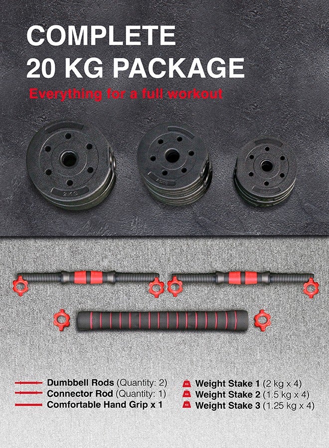 Sparnod Fitness SCD-20 2-In-1 Dumbbells/Barbell Set (20Kg) - Easy 3-Step Assembly With Connector Rod, Eco-Friendly Weights, Concrete Dumbbells With Pvc Coating, Slip-Free Handgrip, Total Home Fitness - Image 5
