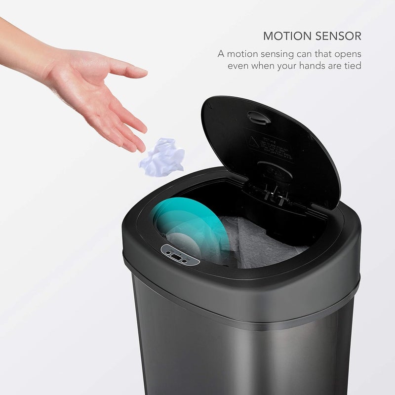 Ninestars DZT-50-9BK Automatic Touchless Infrared Motion Sensor Trash Can, 13.2 Gal 50L, Black Steel Base (Oval, Black Lid) - Image 1