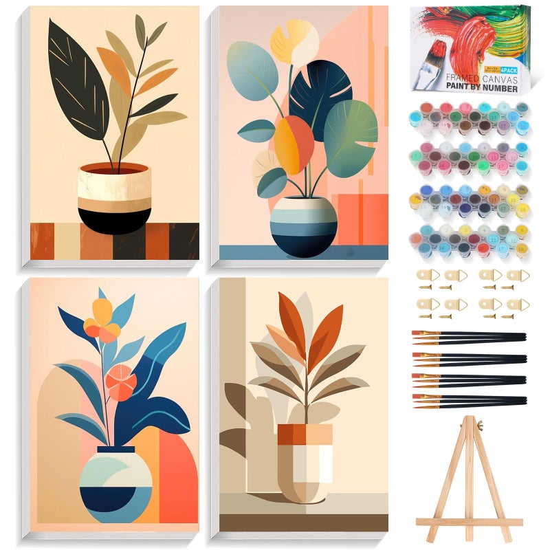 Offito 4 Pack Framed Paint by Numbers Kit for Adults Beginners with Wooden Easel, Flowers Vase Easy Paint by Number Kit with Frame, Watercolor Adult Paint by Number Framed Canvas (8 * 12 Inch) - Image 1
