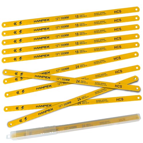 Hanpex Hacksaw Replacement Blades Set (10 Pack) High Speed 12" Length Hack Saw Blade - High Carbon Steel (HCS) Cutting Blades - Image 1