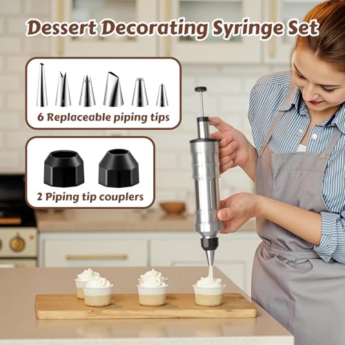 MIKESIER Dessert Decorating Syringe Set Stainless Steel Frosting Icing Piping Kit with 6 Tips and 9 Silicone Cupcakes3 Cream Scraper for Cake Decorating Tools Cupcake Decorating Kit - Image 3