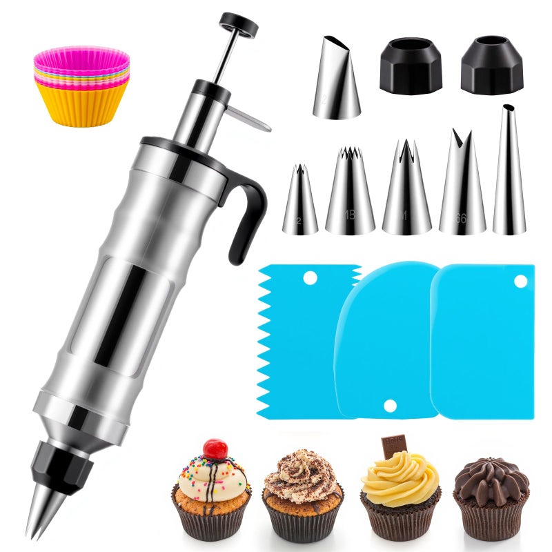 MIKESIER Dessert Decorating Syringe Set Stainless Steel Frosting Icing Piping Kit with 6 Tips and 9 Silicone Cupcakes3 Cream Scraper for Cake Decorating Tools Cupcake Decorating Kit - Image 2