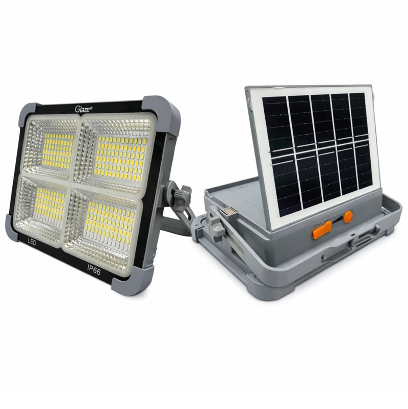 جليز مصباح عمل شمسي قابل للشحن – ضوء كشاف LED بأربع لوحات مع باور بانك، وضع طوارئ SOS، ومقاومة للماء بمعيار IP66، محمول للاستخدام في التخييم، الأنشطة الخارجية، وأعمال البناء. - Image 1