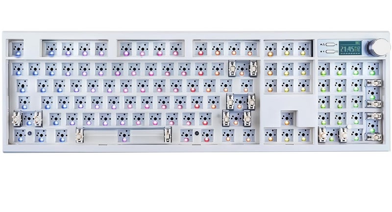 مجموعة لوحة المفاتيح GMK104 بدون قاعدة مع ScreenKnobQMKVIA قابلة للبرمجة BT5024GHzTypeC ثلاثية الوضع مثبتة على حشوة قابلة للتبديل RGB مضاءة خلفيًا بحجم كامل مجموعة PCB مخصصة DIY لوحة مفاتيح ميكانيكية لـ WinMacWhite