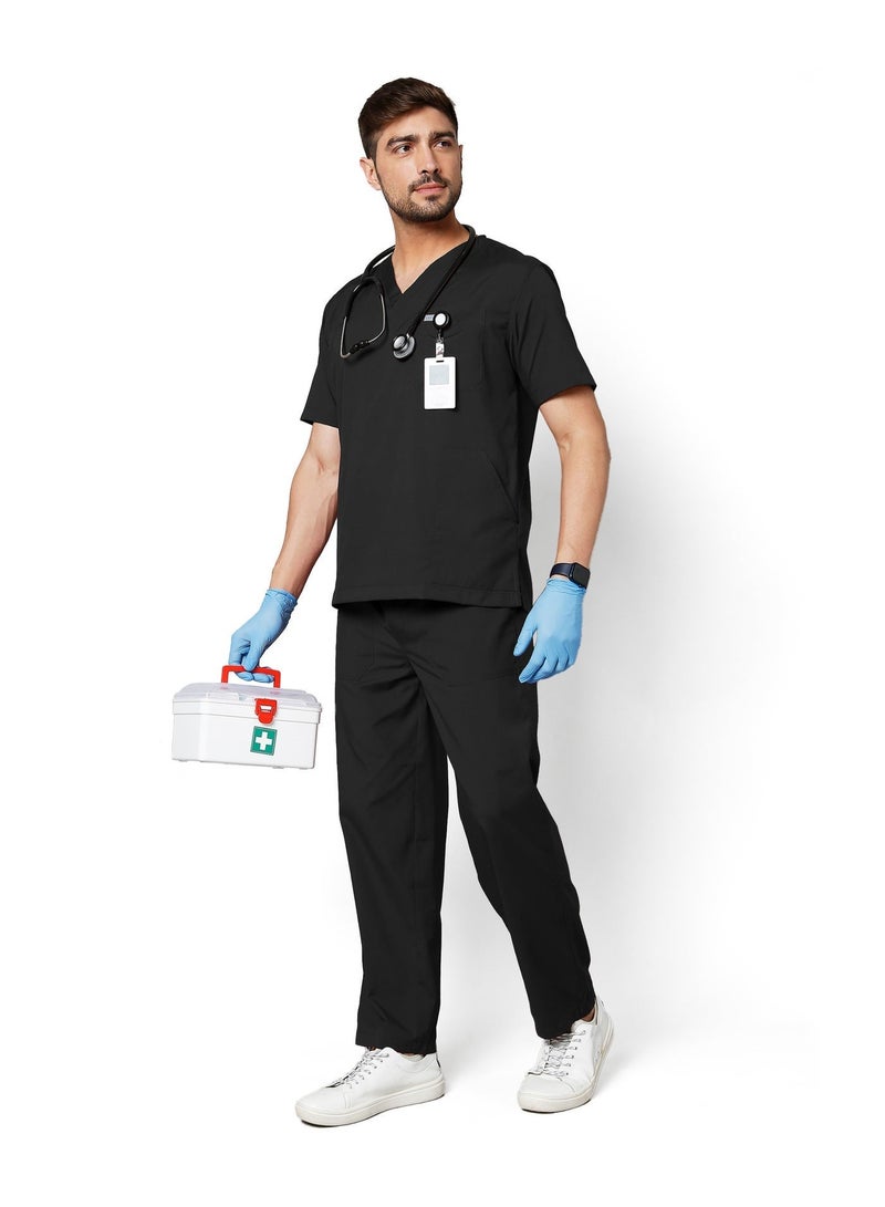 KNYA Active Men's 5-Pocket Scrub Suit | Set of Top & Bottom | Half Sleeves | V Neck | Breathable Fabric | Comfortable | Uniform for Doctors, Nurses and Dentists, Black - Image 1