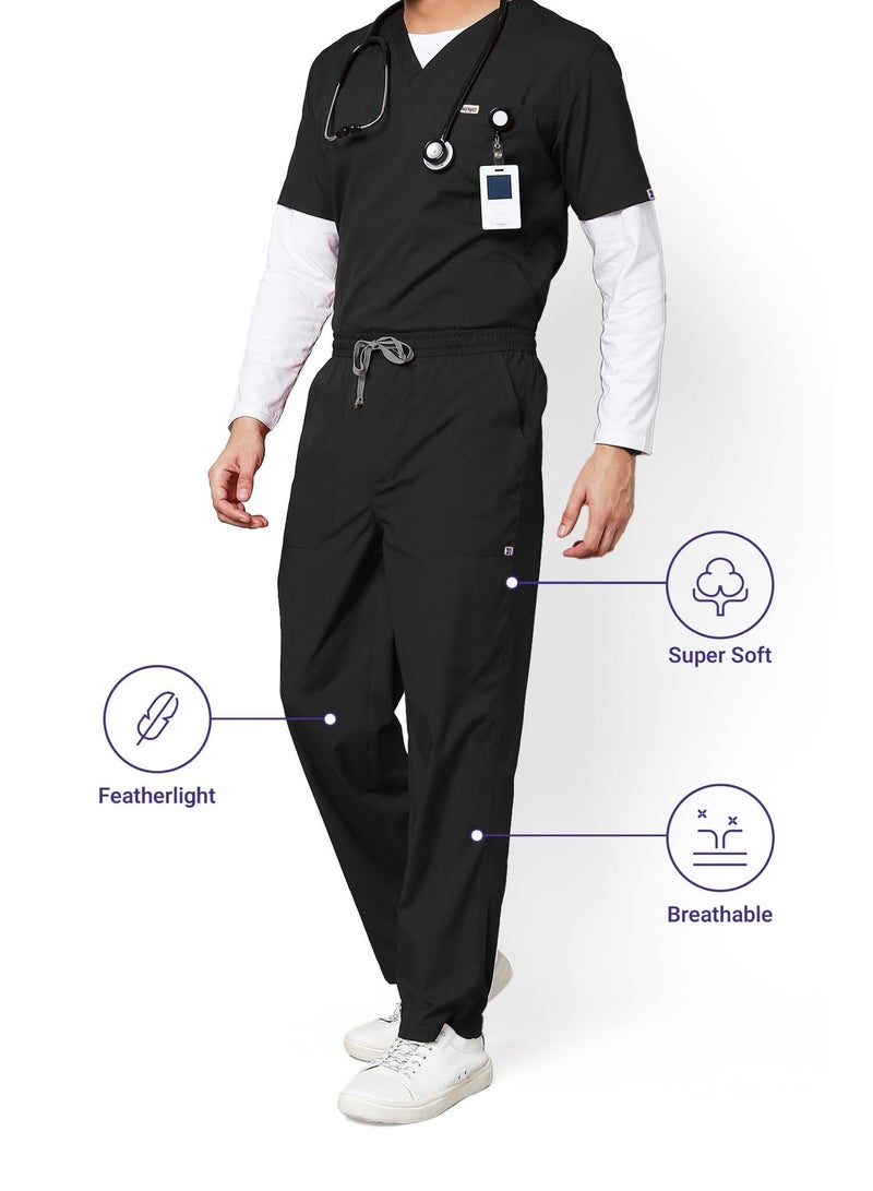 KNYA Active Men's 5-Pocket Scrub Suit | Set of Top & Bottom | Half Sleeves | V Neck | Breathable Fabric | Comfortable | Uniform for Doctors, Nurses and Dentists, Black - Image 5