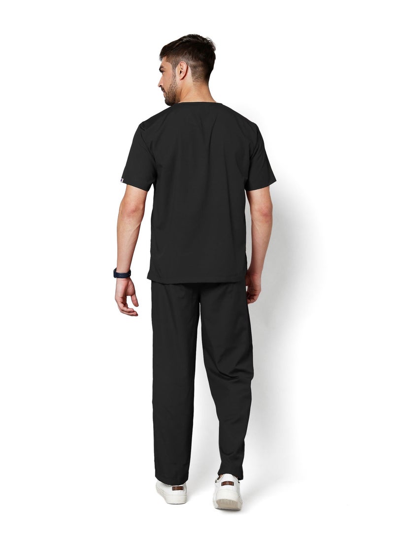 KNYA Active Men's 5-Pocket Scrub Suit | Set of Top & Bottom | Half Sleeves | V Neck | Breathable Fabric | Comfortable | Uniform for Doctors, Nurses and Dentists, Black - Image 2