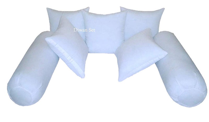 JY Satin Strip Fabric Diwan Set of 5 Micro Fiber Cushion and 2 Hard Bolster (12x12 Inch and 10x25 Inch, White) - Image 4