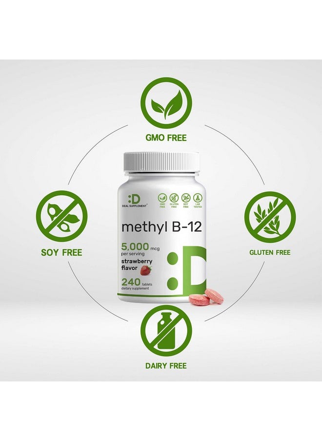 DEAL SUPPLEMENT - Methyl B12 Vitamins 5000 Mcg 240 Chewable Tablets; Active Form Strawberry Flavored Energy Support & Brain Health Function Vegetarian & Gmo Free - Image 1