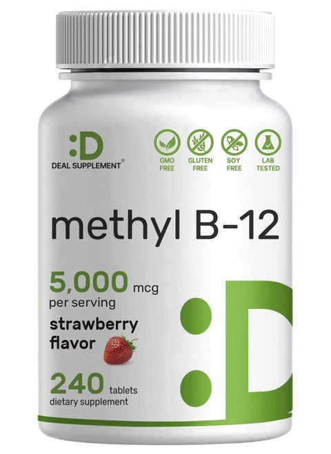 Methyl B12 Vitamins 5000 Mcg 240 Chewable Tablets; Active Form Strawberry Flavored Energy Support & Brain Health Function Vegetarian & Gmo Free