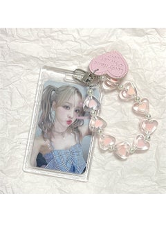 HY Acrylic Kpop Photo card Holders Key chain ID Badge Holder with Spiral Wrist Coil ID Card Holder Photo Card Protector for School ID Office ID Access Card for Women Girls,Heart Pendant Keychain  - Image 1