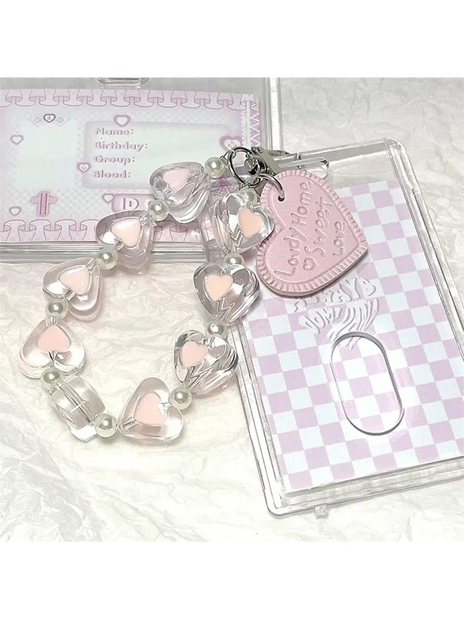 HY Acrylic Kpop Photo card Holders Key chain ID Badge Holder with Spiral Wrist Coil ID Card Holder Photo Card Protector for School ID Office ID Access Card for Women Girls,Heart Pendant Keychain  - Image 2